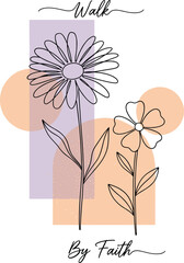 Walk by Faith floral illustration—minimalist flowers, lavender rectangle, peach circles, and inspirational cursive text