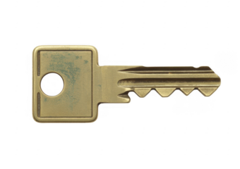 Brass key with green patina and serrated teeth isolated on a transparent background