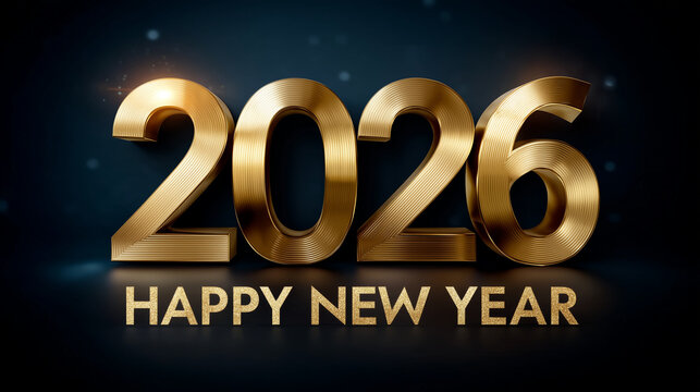 Elegant "2026 Happy New Year" composition in refined golden metallic typography, centered layout, large bold 3D numbers "2026" at the top, smaller refined "Happy New Year" text ben