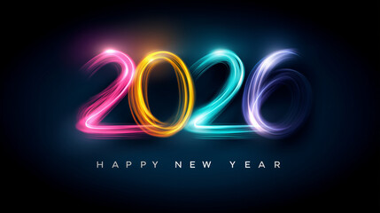 A modern New Year 2026 design in vibrant neon line-art style. The numbers "2026" are created with multicolored glowing outlines: pink, cyan, yellow, green, orange and purple layers