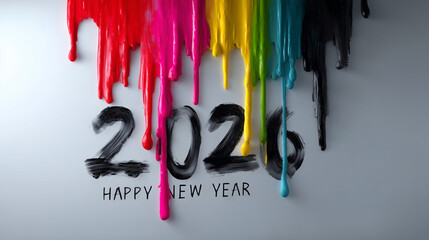 A vibrant New Year 2026 artistic composition with dripping multicolor paint. The numbers "2026" appear large, hand-painted, with bold red, pink, green, yellow, and blue tones, each