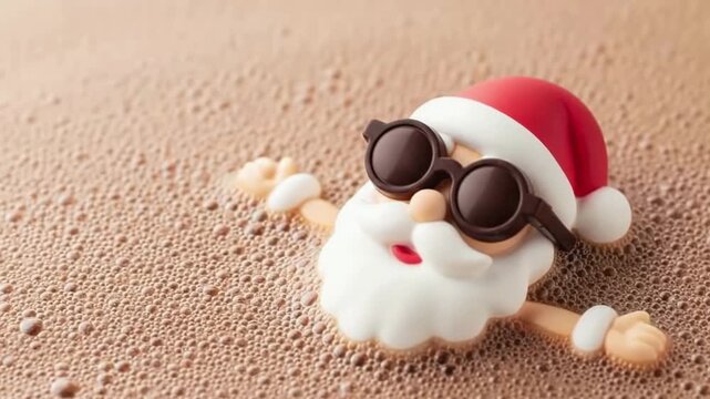 Anthropomorphic santa claus character in sunglasses relaxing in brown bubbly coffee foam background
 - Powered by Adobe