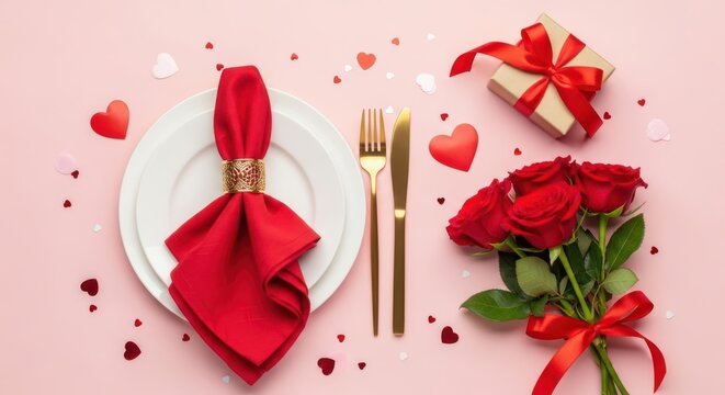 Romantic valentines day table setting with red napkin, plate, cutlery, gift box, red roses and heart confetti on pink background