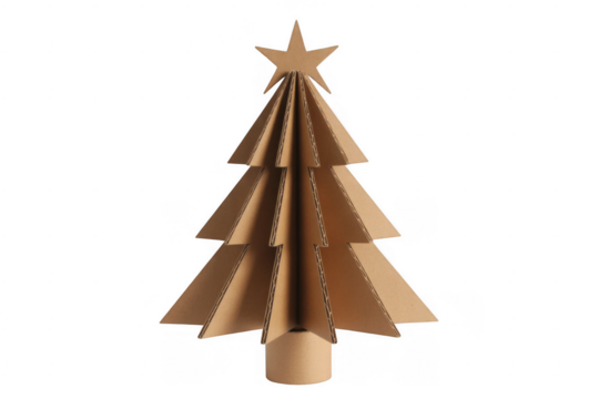 Cardboard Christmas tree with star on black background isolated on a transparent background