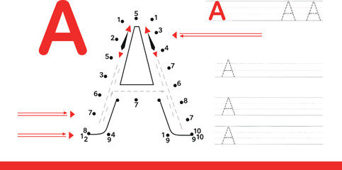 Uppercase letter A writing guide—stroke order, red arrows, and lined tracing practice