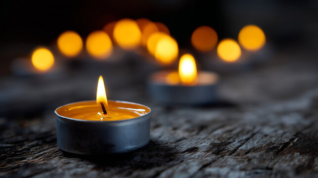 The image shows many small tealight candles placed on an aged, textured wooden surface. In the foreground, one candle is in sharp focus: the warm flame glows softly and highlights - Powered by Adobe
