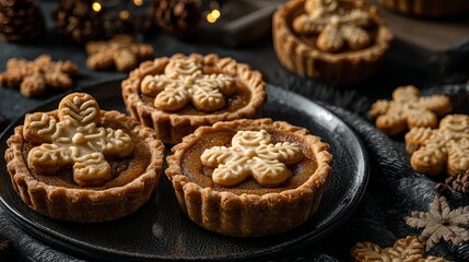 Indulge in the cozy warmth of delicious mini pumpkin tarts topped with snowflake cookies, perfect for holiday gatherings and festive celebrations
