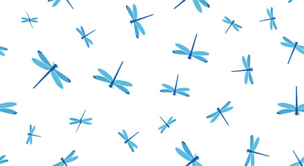 Simple and elegant seamless pattern with blue dragonflies scattered across a clean white background, creating a light and airy feel.