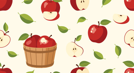 Fototapeta premium A fresh and fruity seamless pattern with whole red apples, apple slices, green leaves, and a wooden basket of apples on a light background.