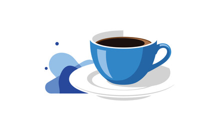 A modern and simple graphic illustration of a blue coffee cup and saucer with an abstract blue splash, isolated on a white background.