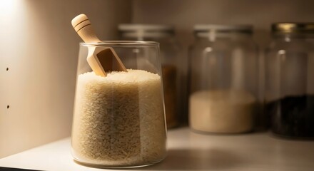 Sustainable kitchen storage with jasmine rice jar and wooden scoop for zero-waste minimalist lifestyle concept
