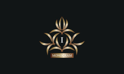 Elegant monogram design template with letter I in the center and place for text. Company brand design, emblem, invitation, label, business sign.