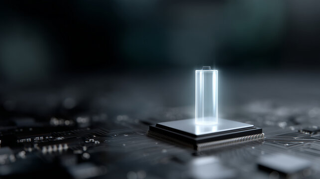 A futuristic digital scene featuring a glowing battery symbol embedded at the center of a high-tech microchip. The microchip sits on a dark, complex motherboard filled with countle