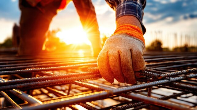 Construction worker handling rebar during sunset at a building site