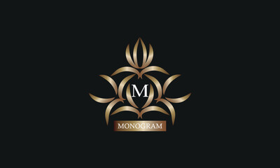 Elegant monogram design template with letter M in the center and place for text. Company brand design, emblem, invitation, label, business sign.