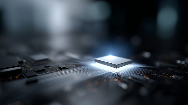 A futuristic digital scene featuring a glowing battery symbol embedded at the center of a high-tech microchip. The microchip sits on a dark, complex motherboard filled with countle - Powered by Adobe