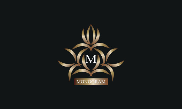 Elegant monogram design template with letter M in the center and place for text. Company brand design, emblem, invitation, label, business sign.