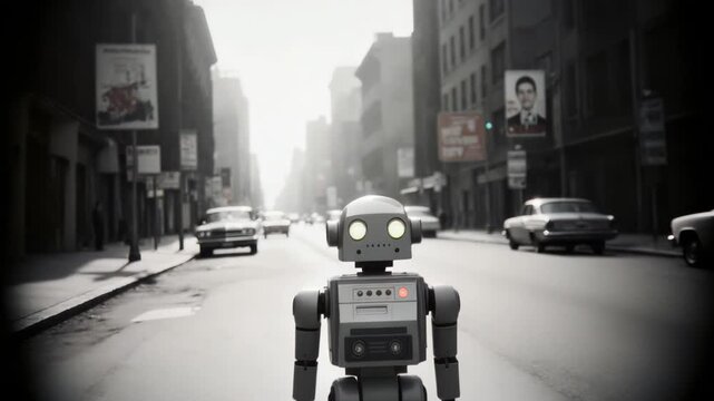 A retro robot walks along a busy city street among vintage cars and a blurry crowd, monochrome urban background and tall buildings. The concept of artificial intelligence in a retro landscape