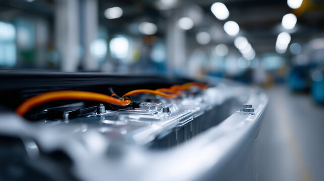 Close-up of electric vehicle battery pack with orange high-voltage cable in automotive factory. electric vehicle, battery pack, EV battery, high voltage cable, automotive, manufacturing, technology