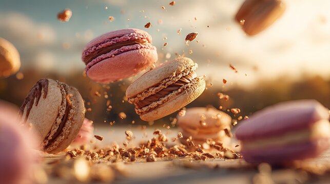 Delectable macarons suspended mid-air, vibrant colors and tempting textures create a mouthwatering scene perfect for baking blogs or sweet treat promotions
