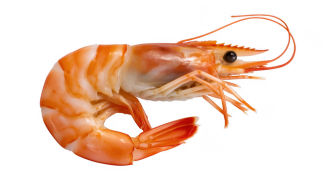 Cooked shrimp with orange and white segments and black eye isolated on a transparent background