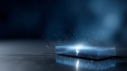 Digital futuristic scene of a lithium-ion battery recharging, formed entirely from glowing blue particles and neon wireframe structures. The battery floats in a deep cyber-blue env