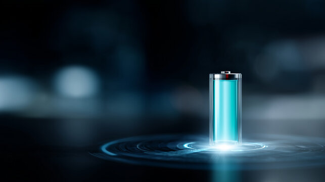 A futuristic high-tech battery icon glowing in vibrant cyan, displayed at the center of a circular digital HUD interface. The charge bars inside the battery are illuminated, showin