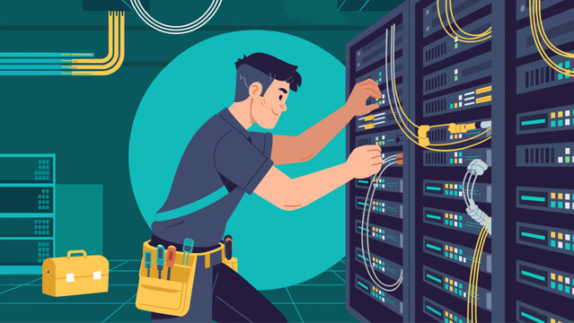 it specialist working on a server rack, vector illustration for data center maintenance and network administration - Powered by Adobe