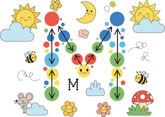 Letter M matching activity—colored circles, smiling sun, bees, mouse, moon, and playful arrowsLetter M matching activity—colored circles, smiling sun, bees, mouse, moon, and playful arrows