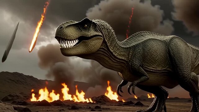 Terrifying dinosaur apocalypse t rex facing extinction event asteroid impact survival scene danger 