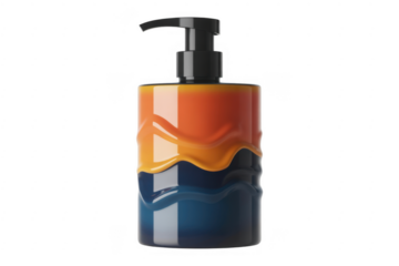 Cylindrical dispenser bottle with wavy orange and blue design isolated on a transparent background