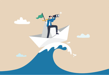 Vision to see opportunity, leadership to lead to success, search for challenge, look for goal, strategy to win business concept, businessman leader look through binocular on the ship in storm ocean
