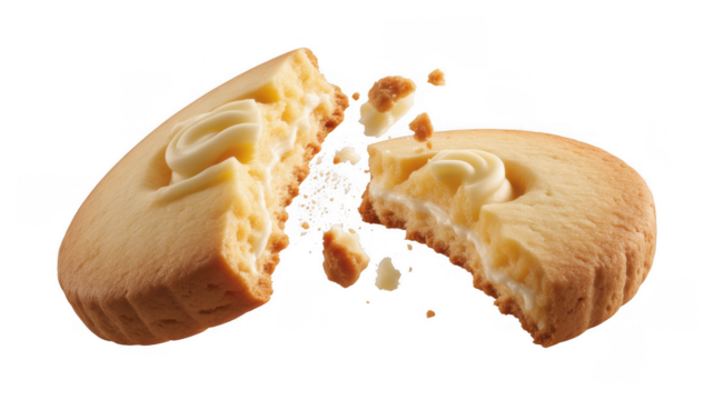 Cream filled biscuit broken in half with crumbs isolated on a transparent background