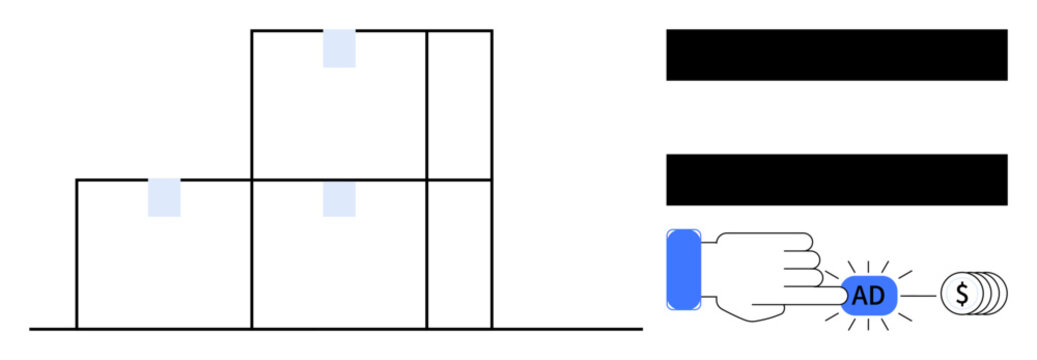 Stacked boxes symbolizing structured data next to a hand clicking on a digital ad button. Ideal for marketing, e-commerce, analytics, pay-per-click, monetization, digital strategy, simple flat