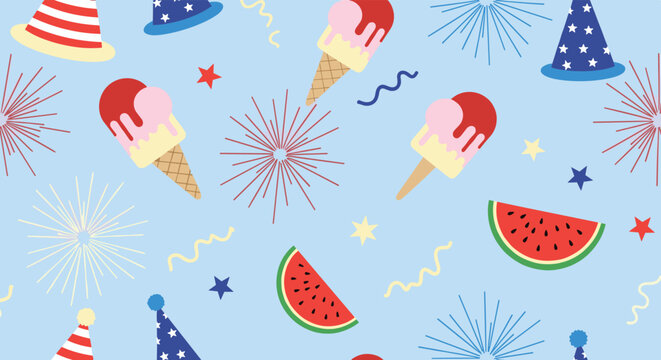 A fun seamless pattern for the 4th of July with ice cream cones, watermelon slices, party hats, and fireworks on a blue background.