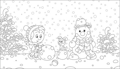 Happy little girl with a puppy making a funny snowman with a striped scarf and a bucket on its friendly smiling head on a beautiful snowy day in a winter park, black and white vector cartoon