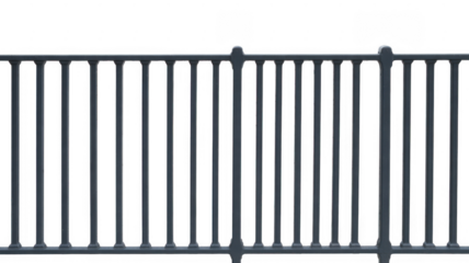 Dark gray metal railing with vertical bars and rounded tops isolated on a transparent background