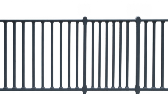 Dark gray metal railing with vertical bars and rounded tops isolated on a transparent background