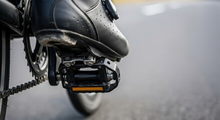 Close-up of road bike pedal and shoe on asphalt surface