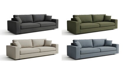 Four different colored sofas displayed on a white background in a studio setting for presentation