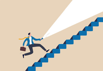 Flashlight to see opportunity, discover business way of success, challenge to find direction in the dark, leadership concept, confidence businessman with flashlight or torch running up stair. 