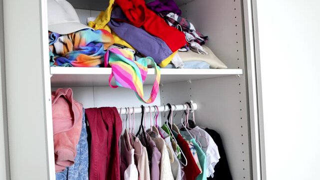 Cluttered wardrobe with pink and blue kids clothes. Concept of order, cleanliness, and teaching children organization.