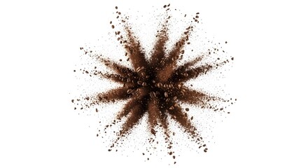 Explosion of coffee beans and ground coffee on a white background creating a starburst like pattern