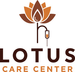 Lotus Care Center logo—lotus flower, IV drip stand, organic droplet, and warm medical branding