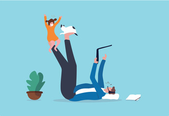 Work from home due to Coronavirus COVID-19 pandemic concept, businessman lay down working at home using laptop and headset for conference call meeting and take care his daughter child playing with cat