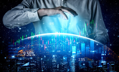 A businessman interacts with digital data and analytics over a city skyline at night, illustrating insights into market trends and financial growth opportunities. Scalp