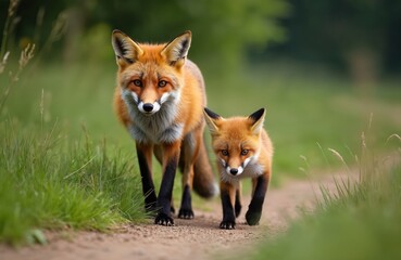 Red fox mother with her cub walk on dirt path. Wild animals in natural green forest habitat. Cute young vulpine with fluffy tail moves cautiously.