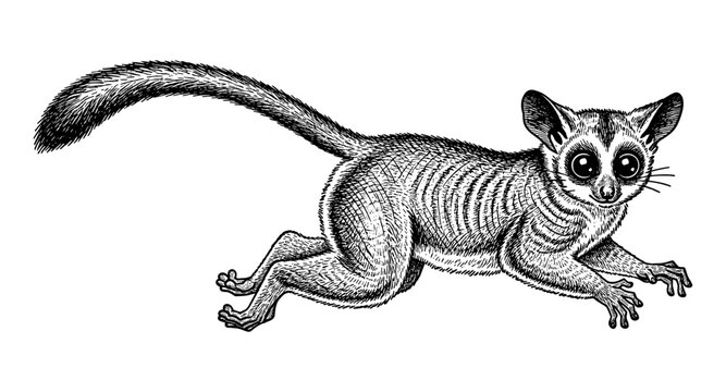 Detailed black and white drawing of a gray mouse lemur in motion