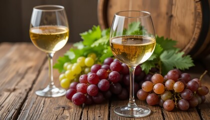 Two glasses of white wine sit beside a cluster of green and red grapes on a wooden table. A wooden barrel is in the background, adding a rustic touch.