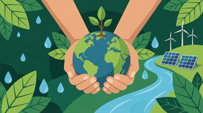 A simple ecology illustration depicting clean water, renewable energy and natural growth